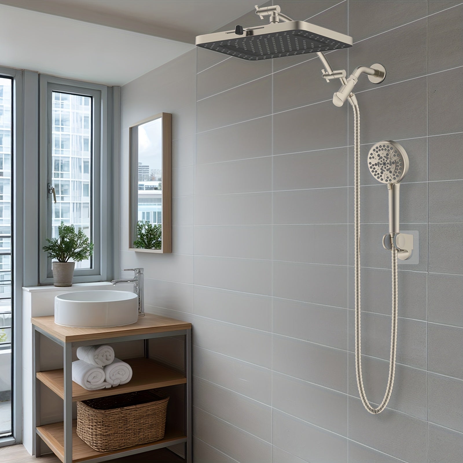 Combo of High-Pressure Rain Shower Head with 10 Spray Options, Handheld Spray, 71-Inch Shower Hose, Adhesive Bracket for Shower Head, Finished in Brushed Nickel