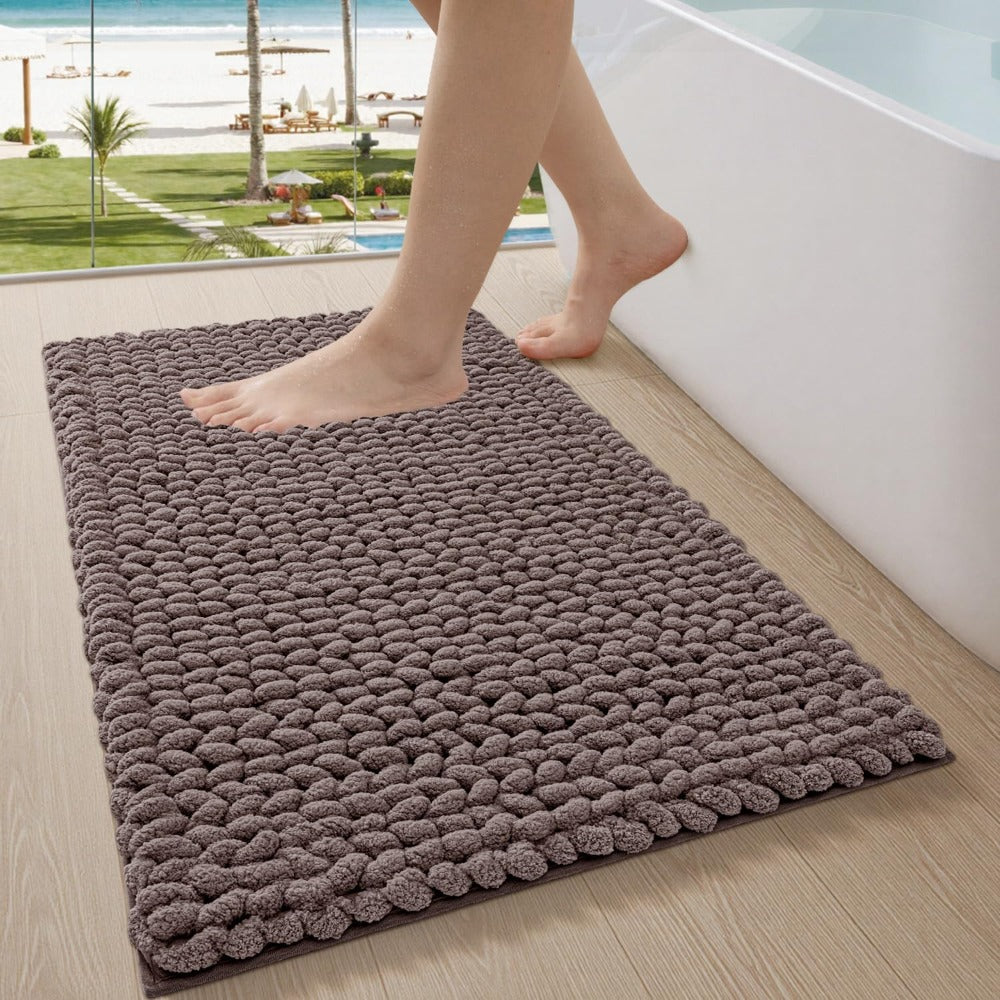 Luxury Chenille & Bedside - Thick High-Pile Fast-Drying Bath with Anti-Slip TPR Backing, Beige Soft Mat Suitable for Bathroom, Laundry Room, Bedroom Floors