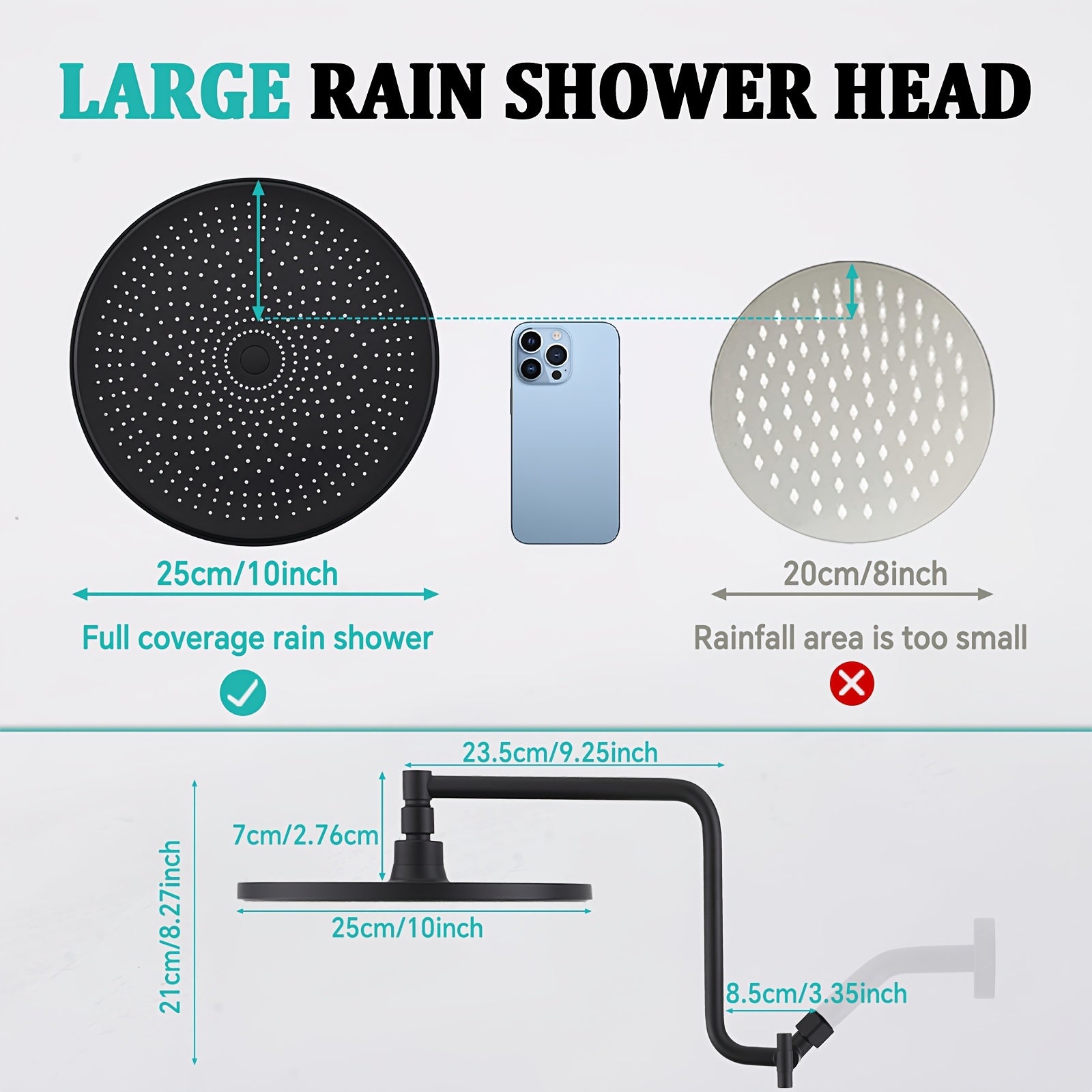 Black Shower Head Set, 10-Inch High-Pressure Rainfall Showerhead with 12-Inch Adjustable Extension Arm And 3 Settings Powerful Shower Spray, 3-Way Shower Toggle Valve, Extra Long Hose - Wall Mounted,for Shower Use Only