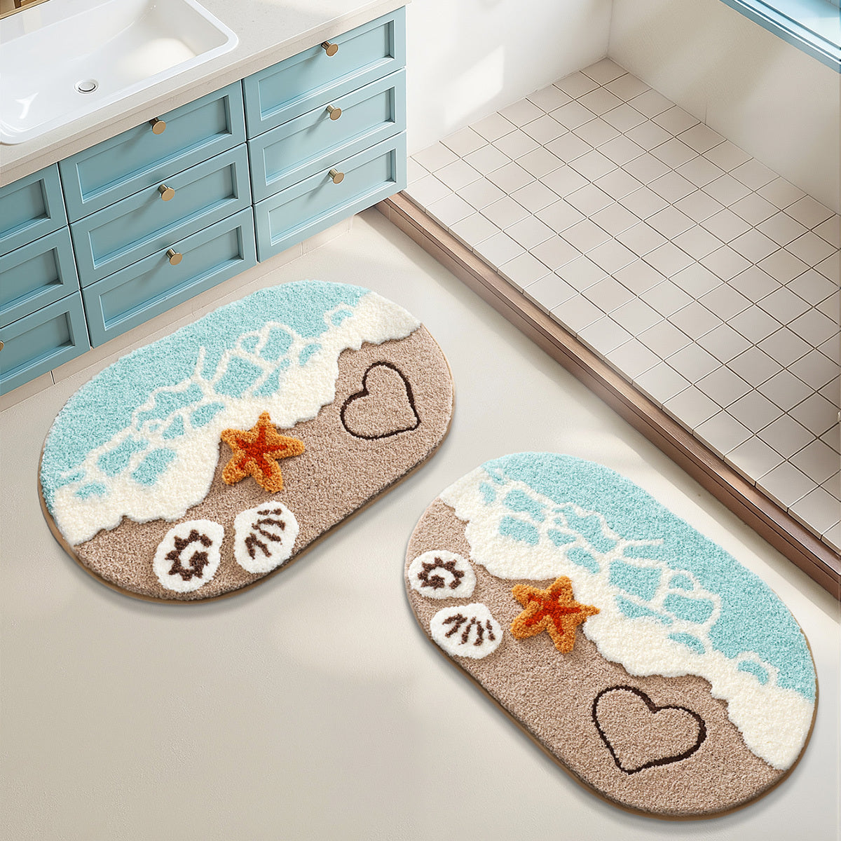 2PC Bathroom Floor Mats Set,Soft Absorbent Bathroom Rug Floor Mats, Non-Slip Bathtub Mat, Summer Beach Design, Machine Washable,Room Decor,For Sinks,Showers,Bathroom Accessories