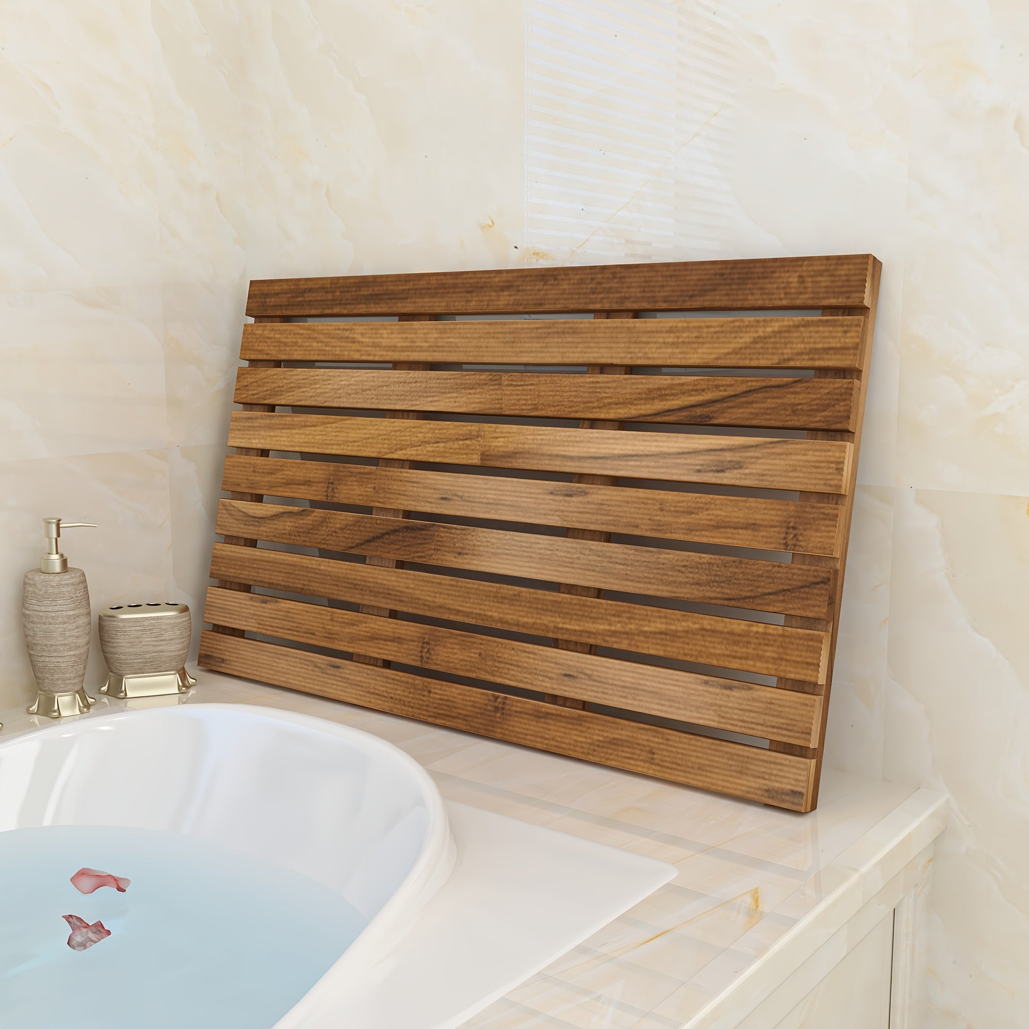1pc Teak Wood Bath Mat Non-Slip Bathroom Wooden Floor Mat Square Large for Spa Home Or Outdoor