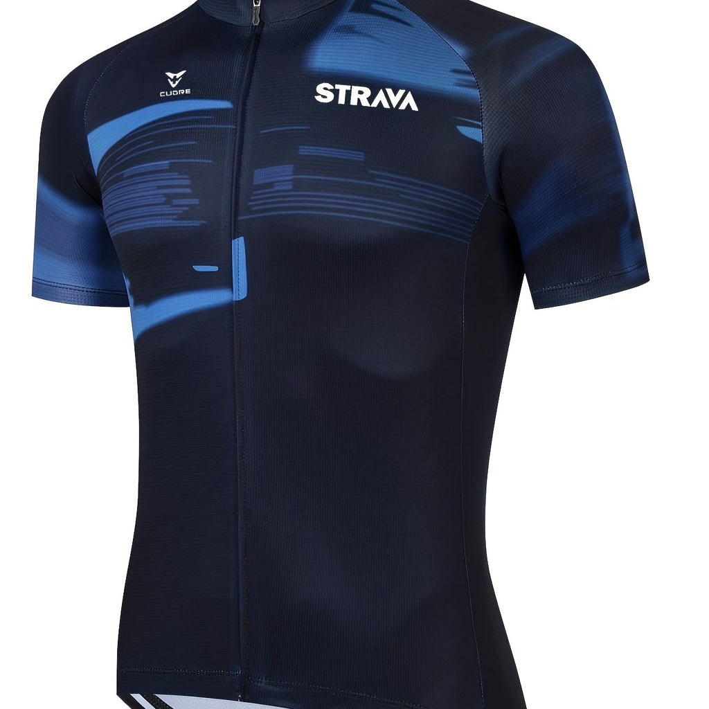 STRAVA Team Edition Summer Cycling Jersey - Breathable Moisture-Wicking Short Sleeve with Zipper Closure, Geometric Blue & Black Design for Road, Mountain Biking - Unisex Regular Fit Outdoor Sports Top, Cycling Accessories, Highquality Fabric