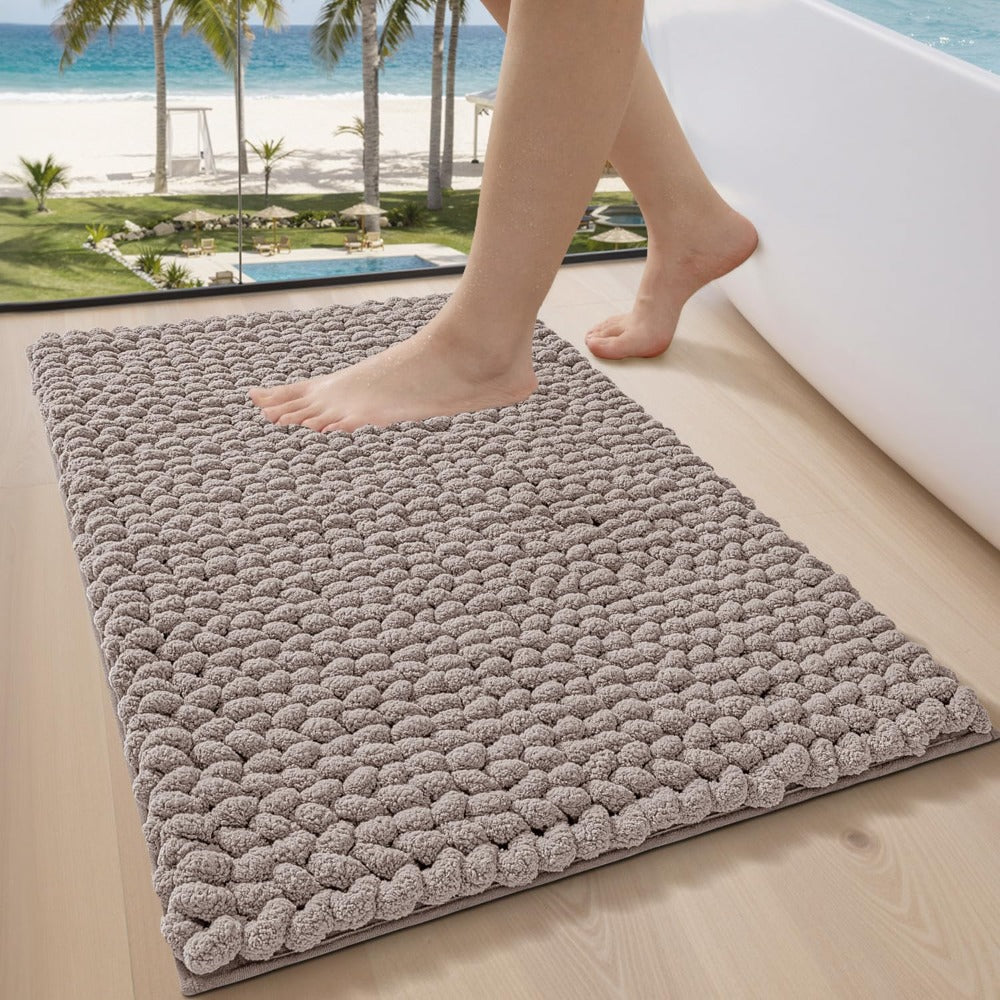 Luxury Chenille & Bedside - Thick High-Pile Fast-Drying Bath with Anti-Slip TPR Backing, Beige Soft Mat Suitable for Bathroom, Laundry Room, Bedroom Floors