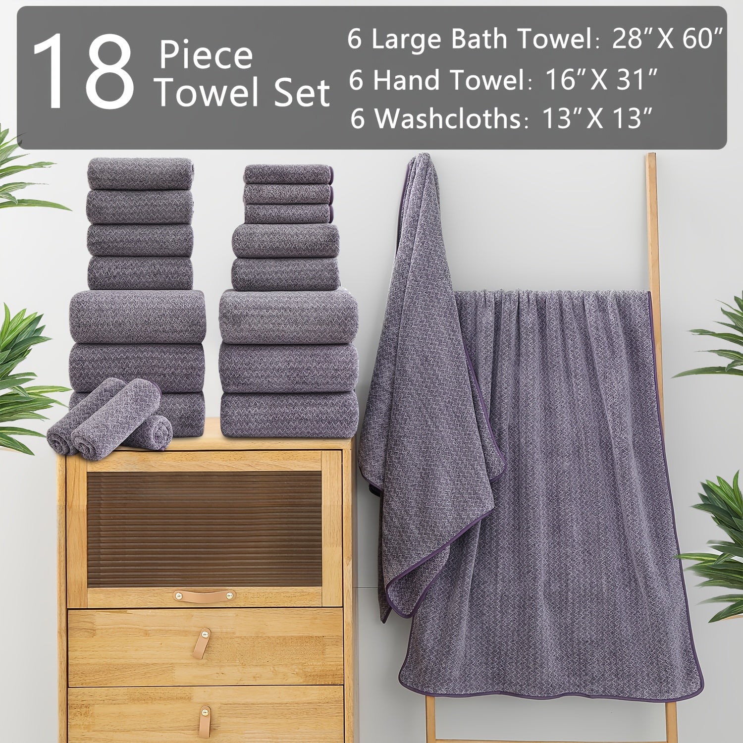 Set of 18 Bath Towels Made from 100% Microfiber, Designed for Family Bathrooms. Includes 6 Bath Towels, 6 Hand Towels, And 6 Washcloths. These Quick-Drying, Highly Absorbent Towels Are Ideal for Home Use, Hotels, Spas, And Outdoor Activities