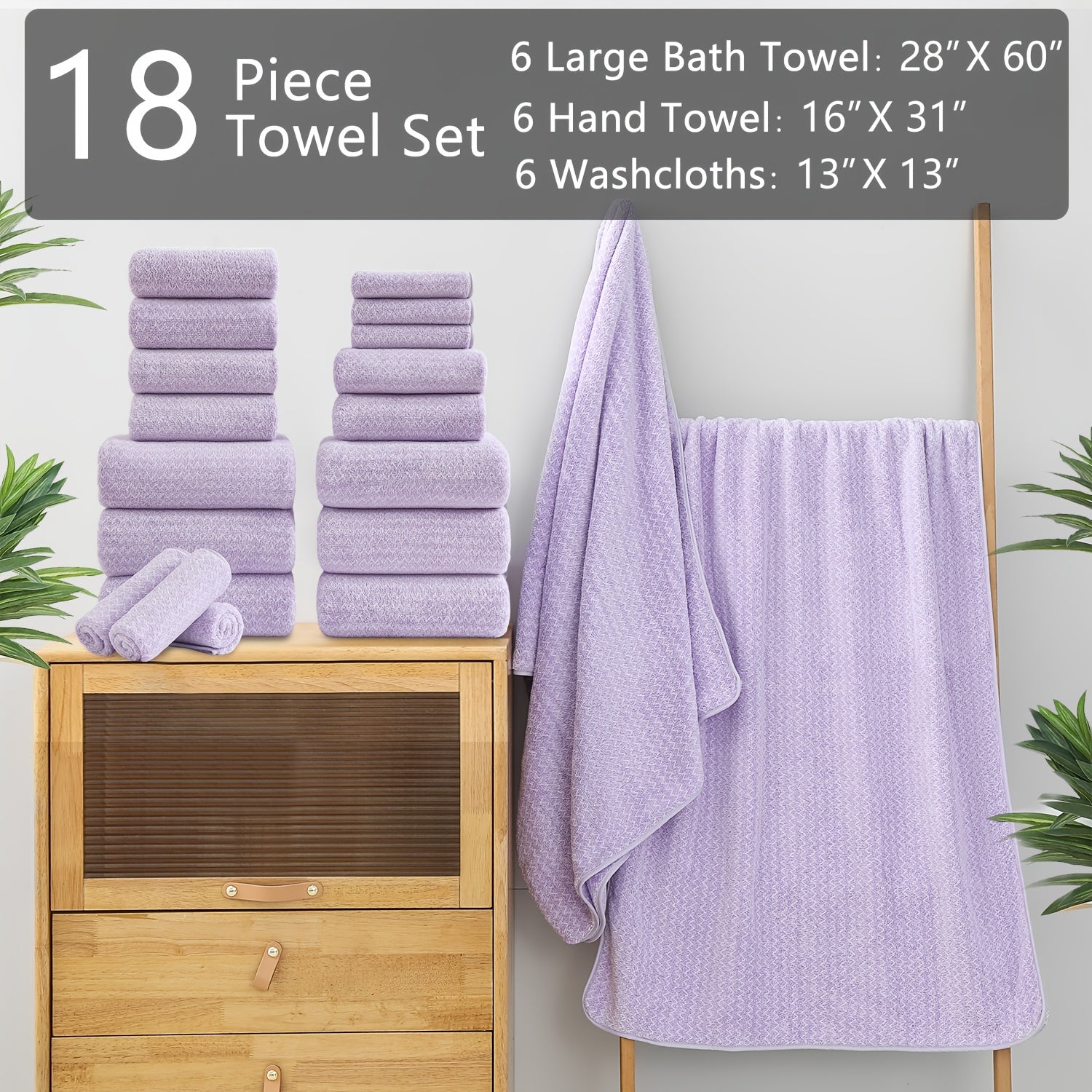 Set of 18 Bath Towels Made from 100% Microfiber, Designed for Family Bathrooms. Includes 6 Bath Towels, 6 Hand Towels, And 6 Washcloths. These Quick-Drying, Highly Absorbent Towels Are Ideal for Home Use, Hotels, Spas, And Outdoor Activities