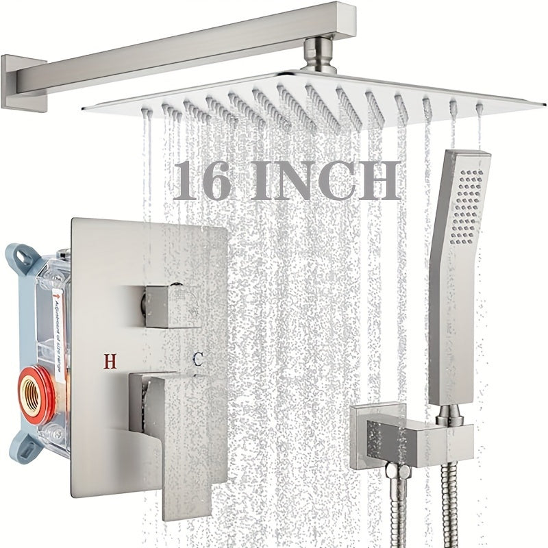16-Inch Brushed Shower System | Deluxe Rain Shower Head with Handheld Combo Kit, Wall Mounted High Pressure Rain Shower Head System, Shower Faucet Set with Valve and Trim, brass Material For shower use only