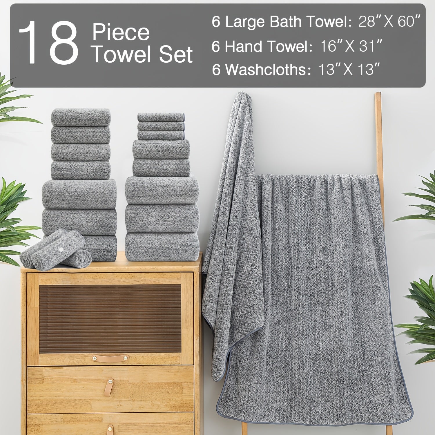 Set of 18 Bath Towels Made from 100% Microfiber, Designed for Family Bathrooms. Includes 6 Bath Towels, 6 Hand Towels, And 6 Washcloths. These Quick-Drying, Highly Absorbent Towels Are Ideal for Home Use, Hotels, Spas, And Outdoor Activities