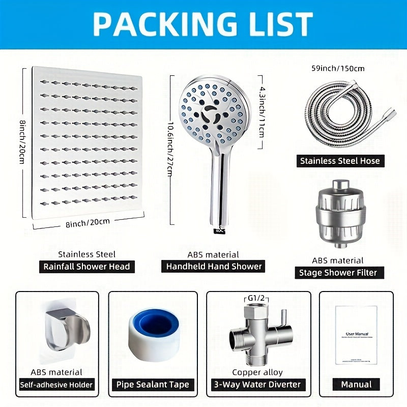 Filter Shower Head Handheld Sprayer 20cm\u002F8-inch Stainless Steel Rainfall with 7 Water Flow Modes, 59ft\u002F1.5m Stainless Hose Suitable for Pet Bathing Multi-Layer Filtration Device