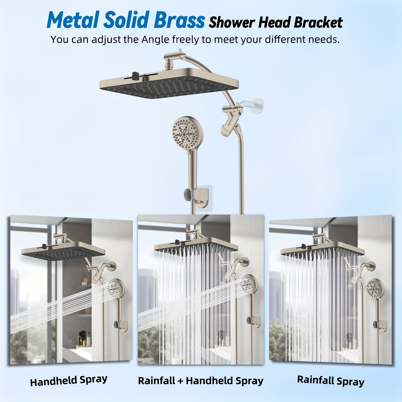 Combo of High-Pressure Rain Shower Head with 10 Spray Options, Handheld Spray, 71-Inch Shower Hose, Adhesive Bracket for Shower Head, Finished in Brushed Nickel