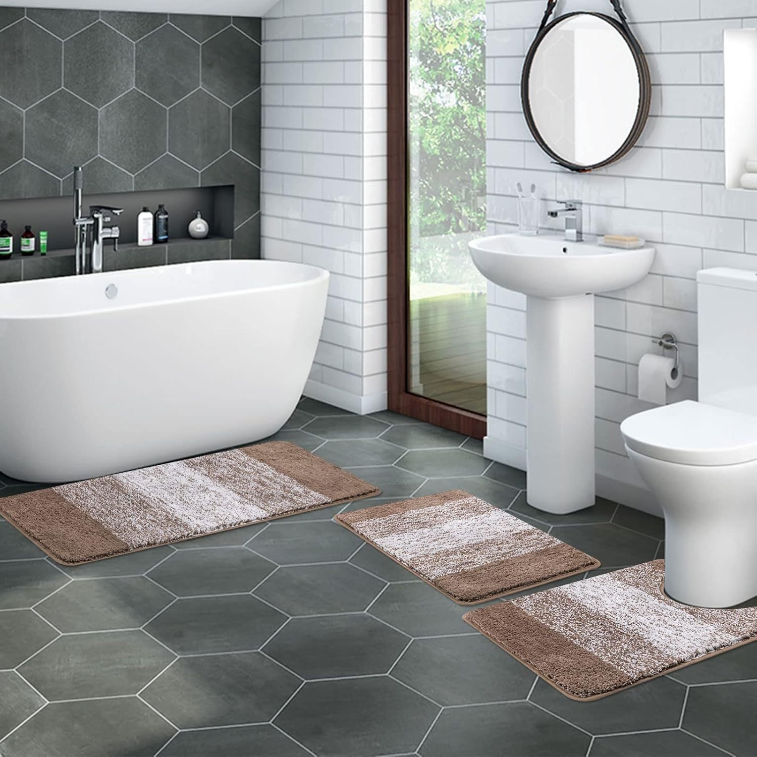 Set of Three Bathroom Rugs Made of Microfiber, Featuring Non-Slip Mats, Soft Shaggy Textures, And Runners. They Are Machine Washable And Come in Sizes 18\