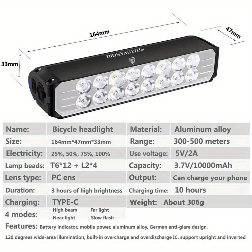 Bicycle LED Headlight - USB Rechargeable, 16x16 LED Front Bike Light, Aluminum Alloy, Non-Waterproof, Bright White Illumination, Handlebar Holder, Cycling Accessories, Cycling Light|Sleek Headlamp|Aluminum Alloy Body