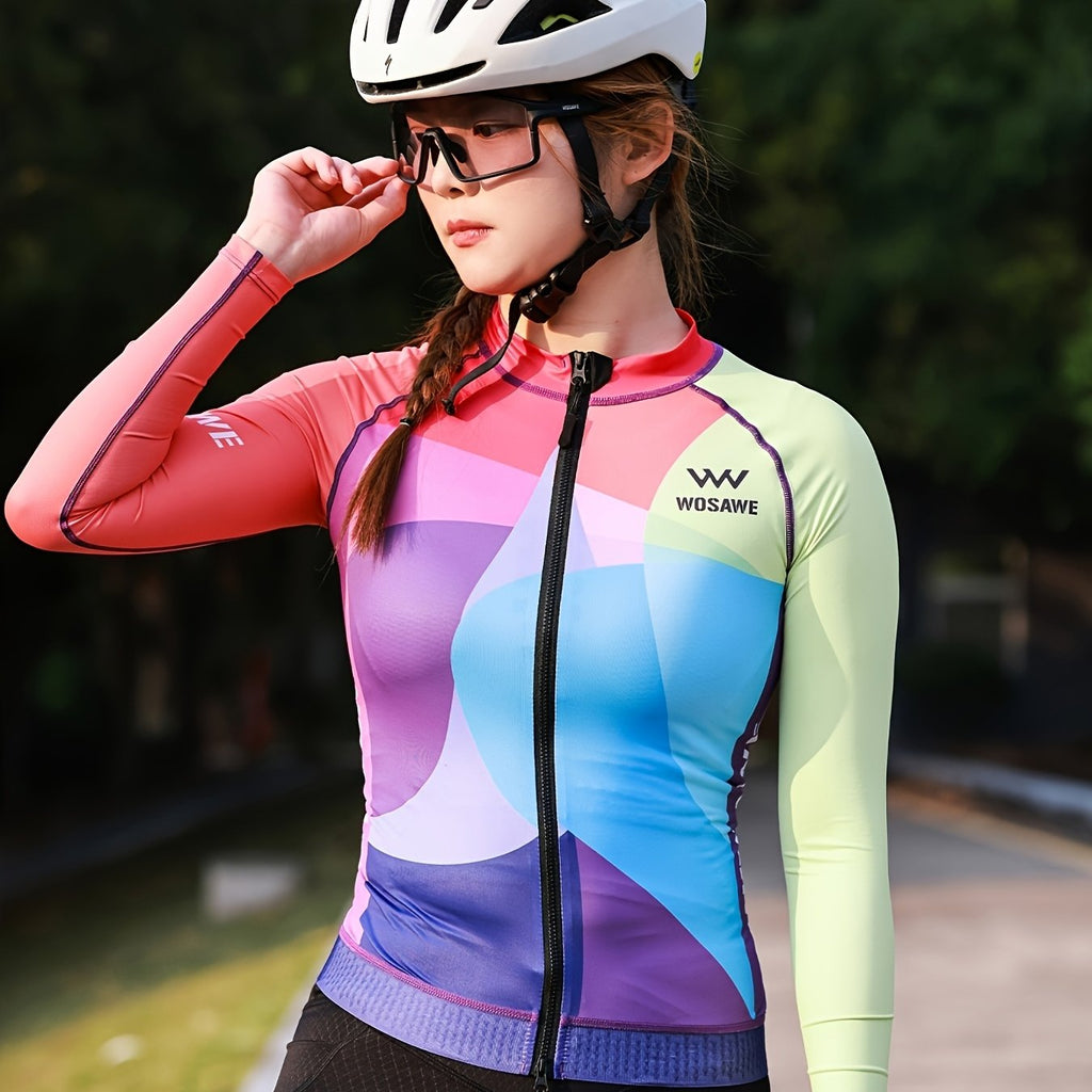 WOSAWE Women's Quick-Dry Breathable Cycling Jersey - Vibrant Geometric Print, Long Sleeve, Zip-Up Road Bike Top with Pockets for Spring\u002FFall, Wear, Sleek Sporty Design, Highelastic Material