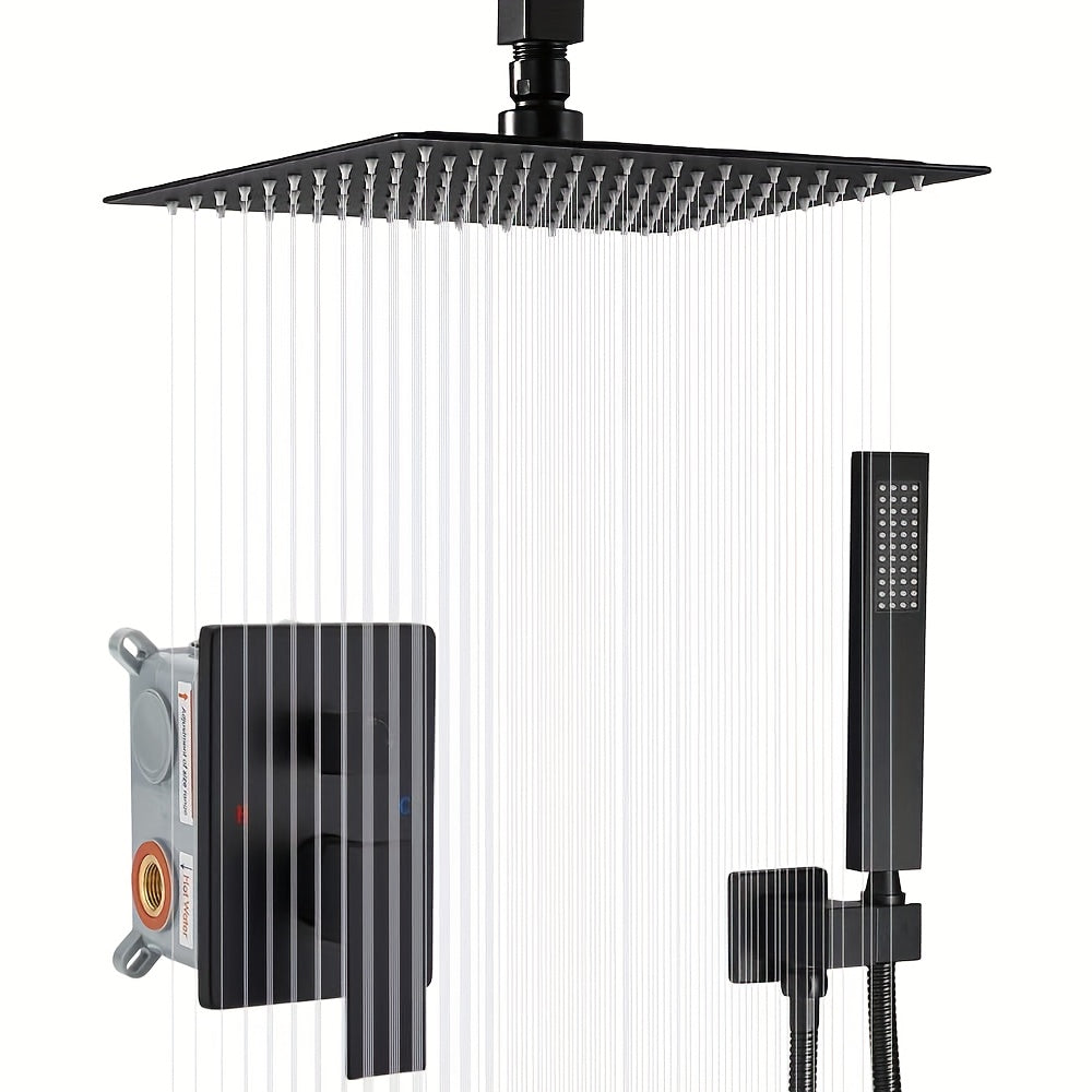 10 12 16 Inch Ceiling Mounted Shower System Rain Mixer Shower Combo Set Rainfall Shower Head System Matte Black Shower Faucet Rough-in Valve Body And Trim Included