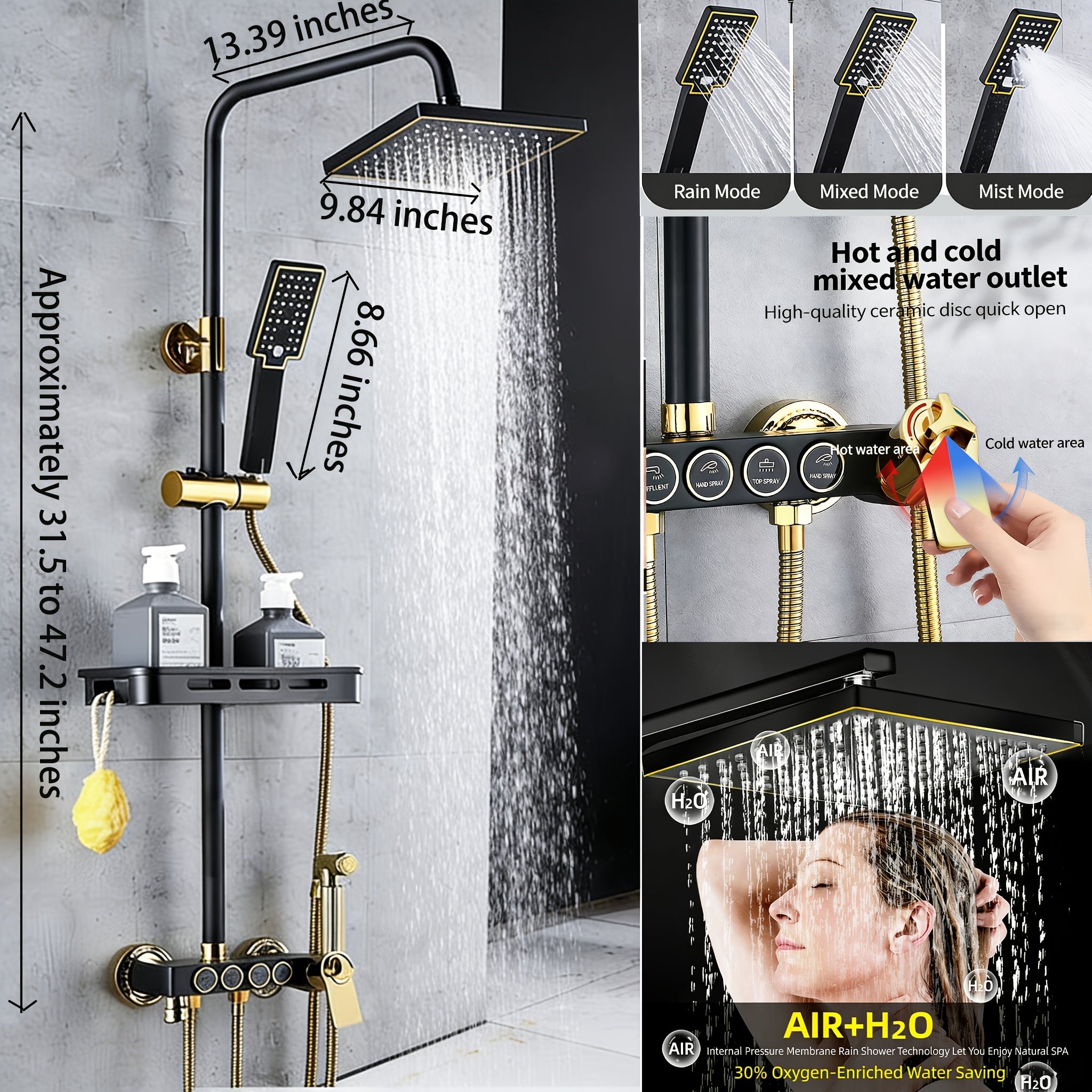 1Set Luxury 4-Way Piano Key Shower System - Thermostatic Rainfall & Handheld Shower Heads, Tub Spout, Bidet Sprayer - Wall Mounted Bath Fixture Set, Waterfall Bathtub Sprayer