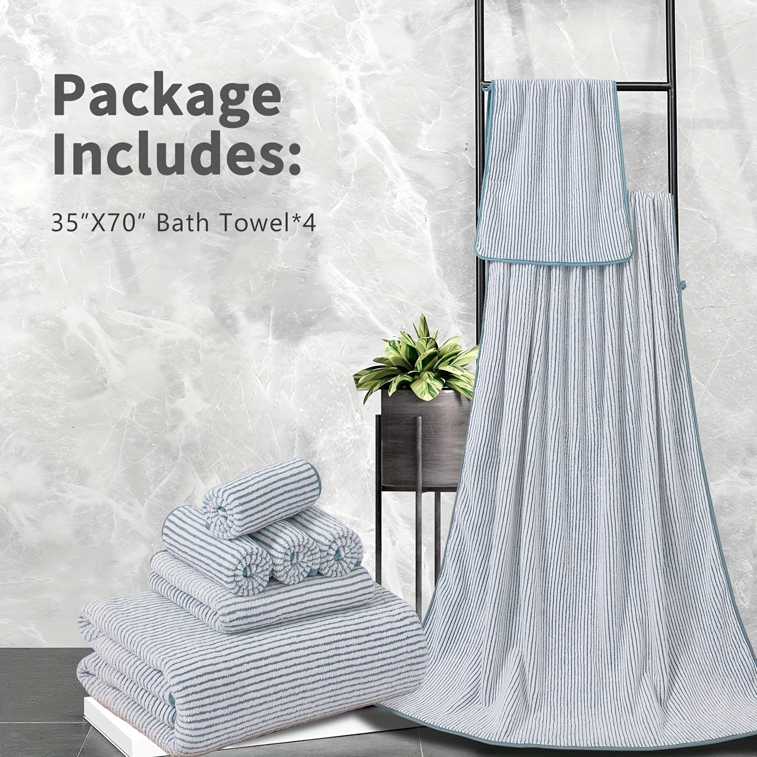 4 Piece Oversized Striped Bath Towel Set 35 x 70 Inches 750 GSM, Highly Absorbent & Quick Dry & Ultra-soft Showering Towel for Gym Bathroom Spa, Ideal Bathroom Supplies, Include 4 Pack Extra Large Bath Sheet